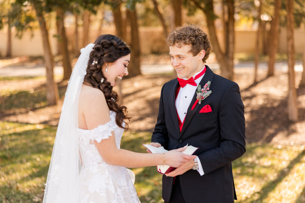 Some couples make their first look more special by adding gifts, letters, or a scripture reading